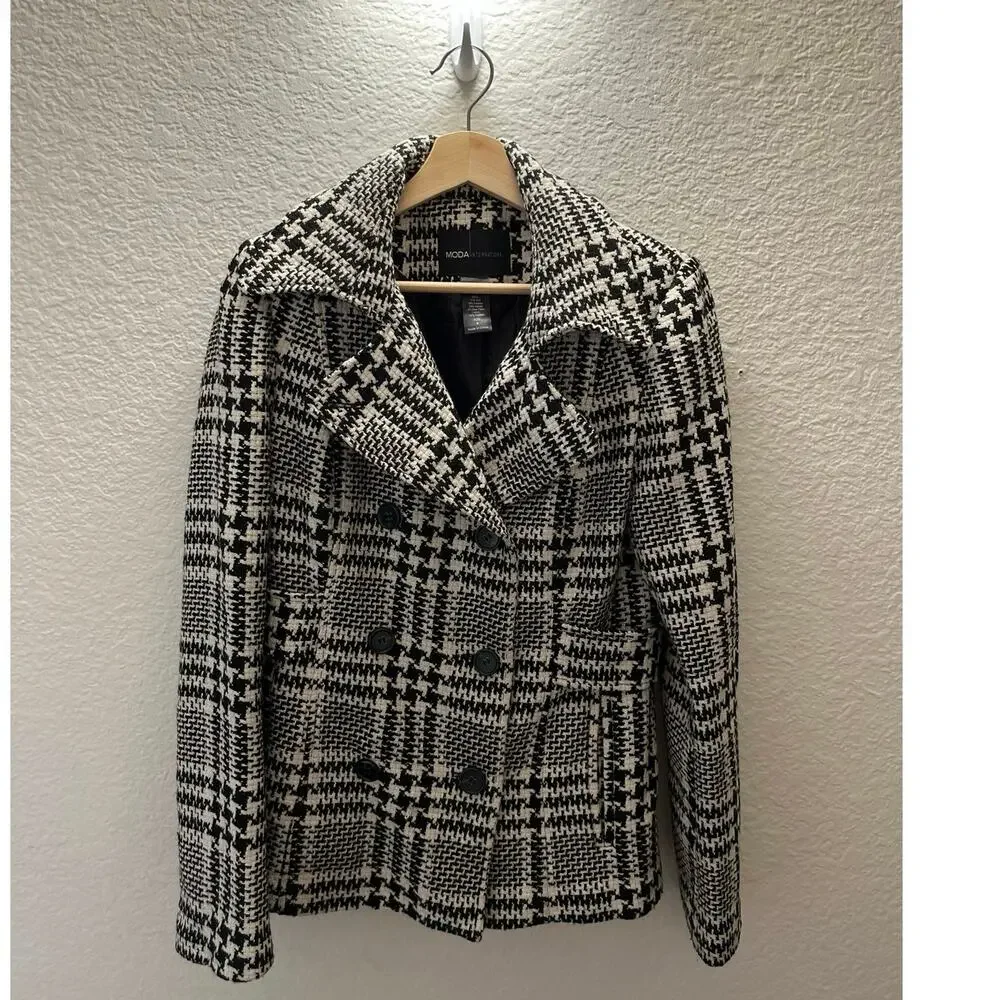 Moda International Houndstooth Peacoat Jacket Wool Blend Black White Sz 8 Preppy - Picture 3 of 5
